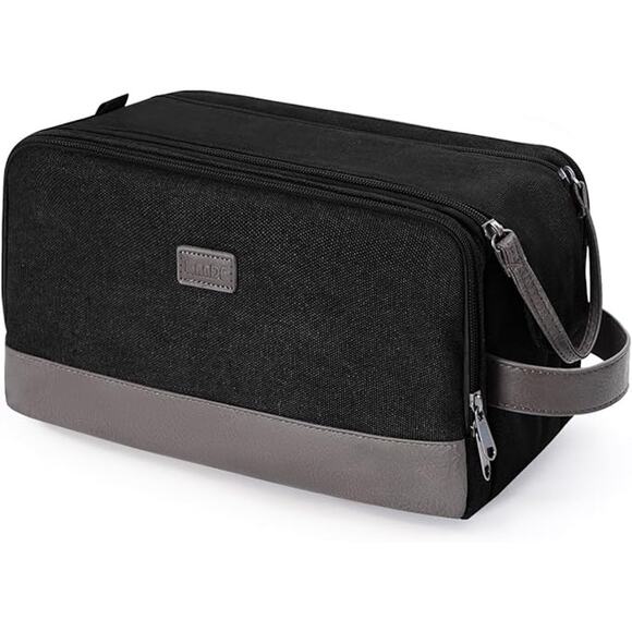 WANDF Toiletry Bag Men Large Travel Organizer Canvas Leather Dopp Kit Black - Picture 1 of 7